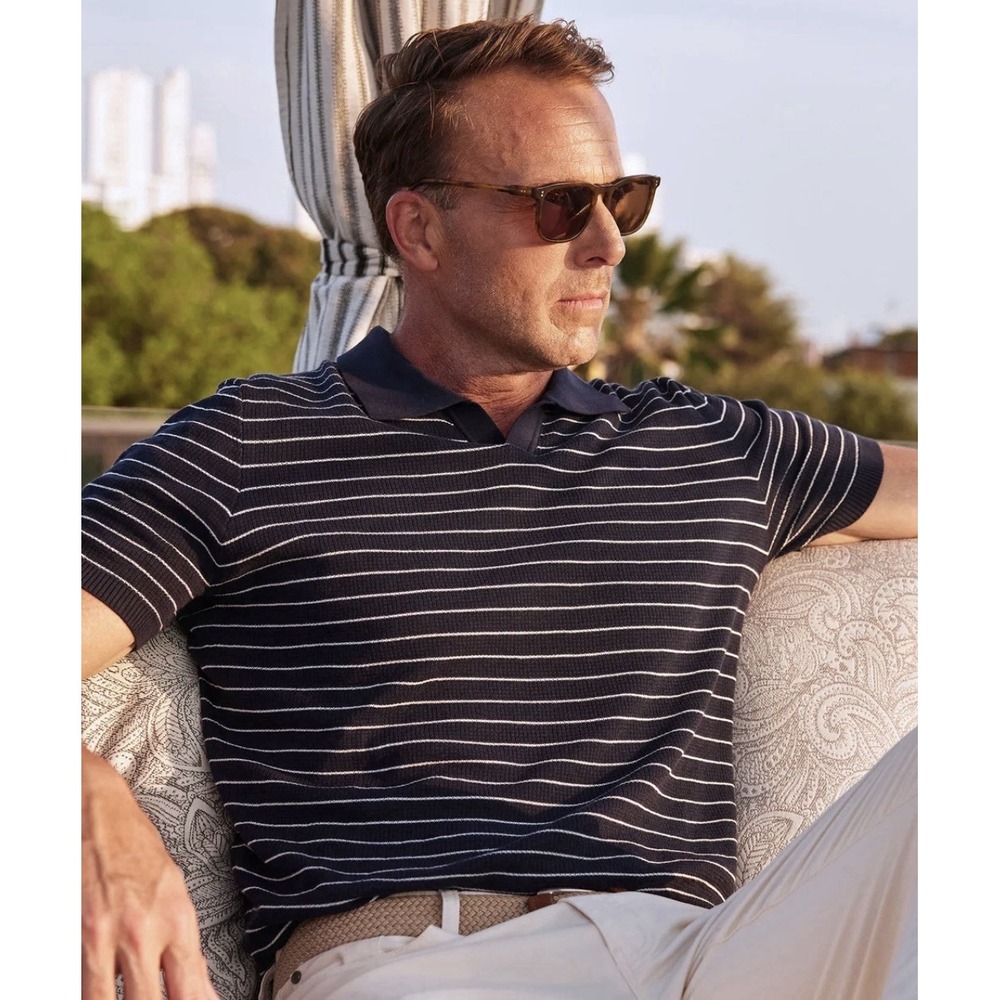 Collars & Co Men's XL East Hampton Waffle Knit Polo Shirt Navy Cotton NEW